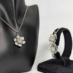 Swarovski® Crystal Hand-Painted Flower Jewelry Set: 3D Enamel Necklace & Bangle